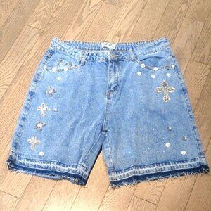 Our True Fate Vandal Cross Rhinestore Embellished Blue Denim Shorts - New XL